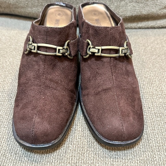White Stag Shoes - White Stag Brown Suede Mules with Gold Accent